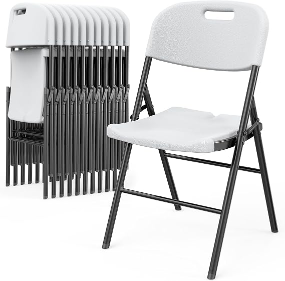 VINGLI Folding Chairs, Heavy Duty Foldable Chair Portable HDPE Plastic Seat with Steel Frame for Indoor Outdoor Dinning Party Wedding School Use, White, 10 Pack