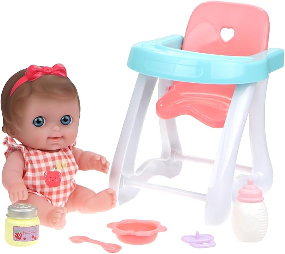 Lil Cutesies 9" All Vinyl Baby Doll Feeding Time Gift Set| Posable and Washable | Removable Outfit | High Chair and Feeding Accessories | JC Toys | Ages 2+