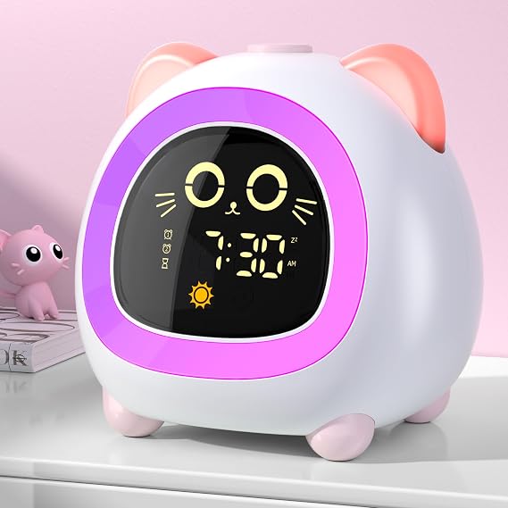 Alarm Clock for Kids, Ok to Wake Clock for Girls, Sleep Training | Stay-in-Bed 10 Night Light, Eye Protection Auto Off Dual Alarm for Bedroom, Cat Kids Alarm Clock Gifts