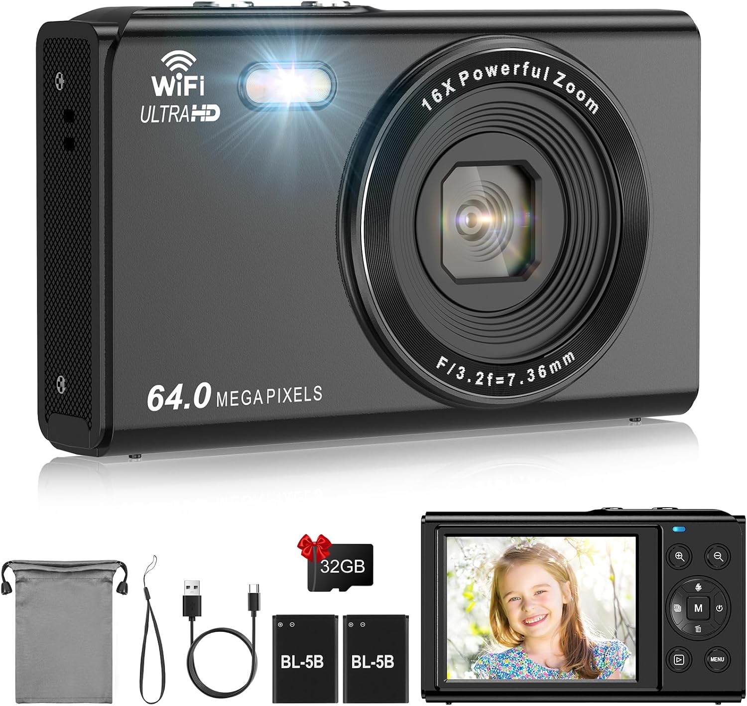 Digital Camera, LAMA Upgraded 4K FHD 64MP Kids Vlogging Camera with 32GB SD Card, 16X Digital Zoom Compact Camera with 2 Batteries, 2.8" LCD Screen Mini Camera for Kids, Boys, Girls Black