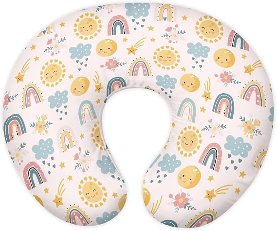 Light Pink Nursing Pillow Cover Breastfeeding Pillow Slipcover for Baby Girls,Soft Snug Fits On Newborn Feeding Pillow Case,Cute Cartoon Sun Rainbow Clound Pattern (Cover Only)
