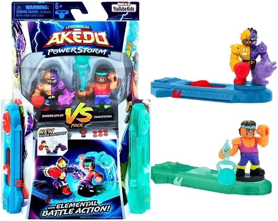 Akedo Legends Powerstorm Duel Set 2 Miniature Fighters and 2 Buster Splits VS Sweatstain Battle Controllers