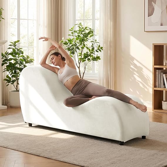 Mjkone 60.6" W Yoga Sofa Chair Chaise Lounge Chairs Indoor for Adults Bedroom Yogas Stretching, Curved Velvet Yoga Lounges Chaise Chair for Living Room Relaxing Apartment Exercising, Beige