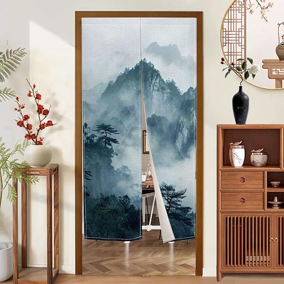 Long Style Japanese Doorway Curtain Noren Chinese Type Mountain Pine Tree Printed Door Hanging Painting Tapestry Window Treatment Bedroom Partition Kithchen Bathroom Door Decor,33.5"x 70.9"