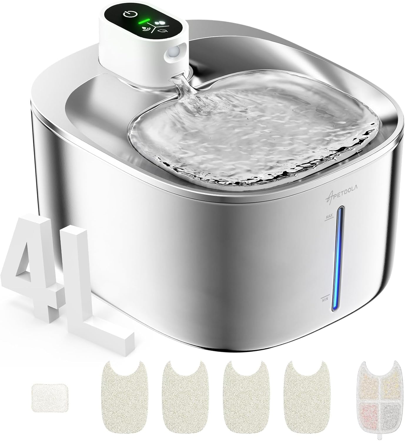 Stainless Steel Cat Water Fountain, 135 fl oz4L Wireless Cat Fountain for Drinking, Automatic Water Fountain Cats Bowl for Pets and Dogs white, 1 filter