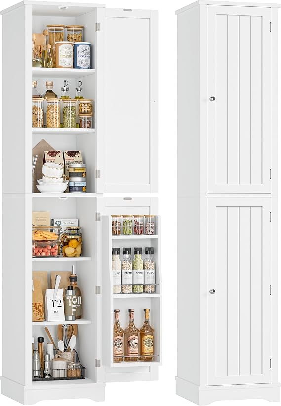 71" Tall Narrow Storage Cabinet with Reversible Doors, Small Pantry, White