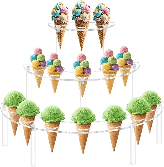 15 Holes Acrylic Ice Cream Cone Holder, 3 Tier Clear Food Display Stand Rack, Half Moon Cone Display Stand for Birthday Parties, Weddings, Christmas