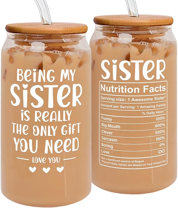 GINGULMINA Gifts for Sister - Birthday, Mothers Day, Christmas Sister Gifts from Sisters, Brother - Sisters Gift for Women, Sibling, Bestie, Women, Sis - 16 Oz Coffee Can Glass