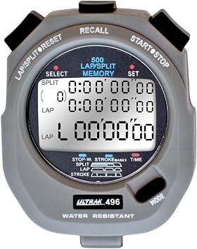 Ultrak 496 500-Lap Stopwatch, Dual-Split Memory Sports Timer with LCD Display, Water-Resistant, Stroke Rate & Countdown, Long-Life Battery