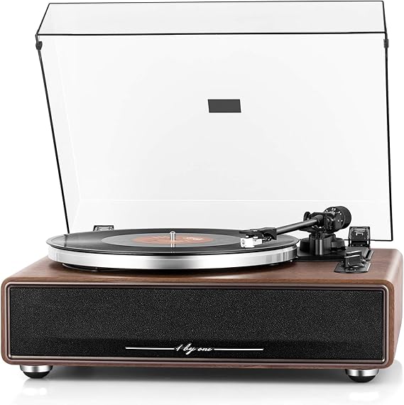 1 BY ONE High Fidelity Belt Drive Turntable with Built-in Speakers, Vinyl Record Player with Magnetic Cartridge, Wireless Playback and Aux-in Functionality, Auto Off