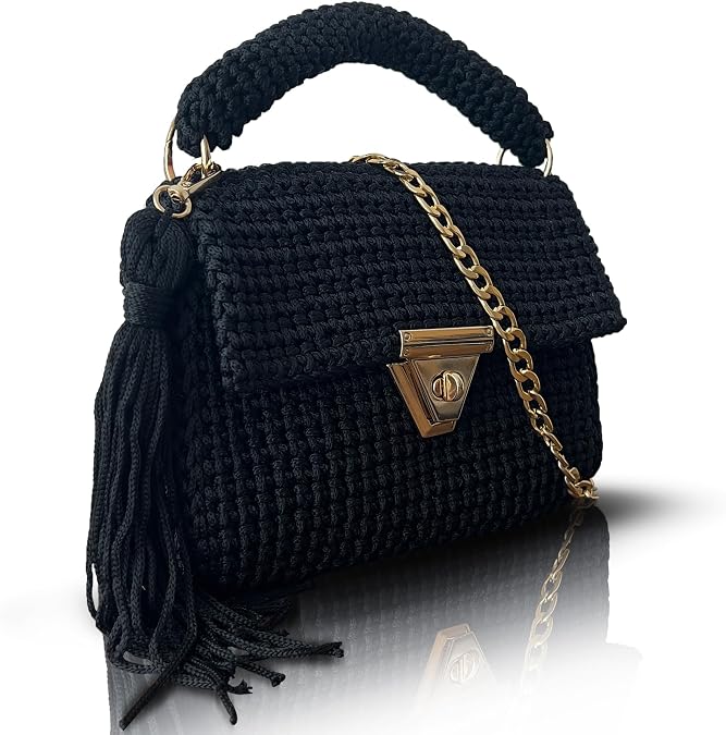 Handmade Crochet Shoulder Bag for Women | Gold Chain & Top Handle | Boho Knitted Purse | Elegant Evening