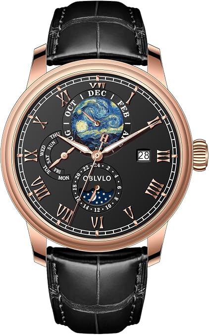 OBLVLO Fashion Mechanical Watch with Starry Star Moonphase Leather Strap Roman Numerals Automatic Complete Calendar AM-FG