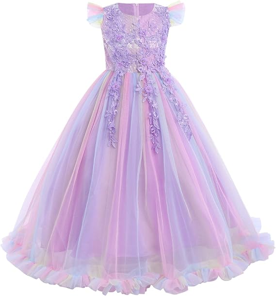 Rainbow Flower Girl Lace Dress for Kids Wedding Bridesmaid Pageant Party Prom Formal Ball Gown Princess Tulle Dresses