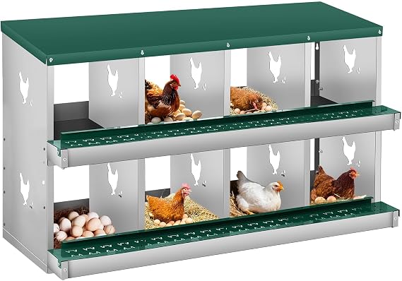 Metal Chicken Nesting Box 8 Compartment, 2-Layer, Wall Mount or Free Standing, Perch, Secure Lid, Vented Holes, Easy Egg Collection Poultry Coop Accessory Green