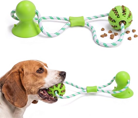 Dog Toy Suction Cup Tug of War, Interactive Chew Toy for Aggressive Chewers, Puppy Teething & Teeth Cleaning, Treat Dispensing Puzzle Ball, Rope Toys for Dogs - Green
