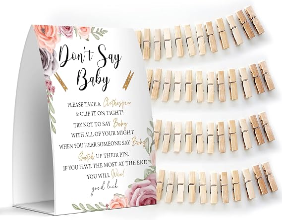 Don't Say Baby Set - One 5x7 Sign and 50 Mini Clothespins, Baby Shower Games, Baby Shower Decoration, Gender Neutral Baby Shower - MsJb015