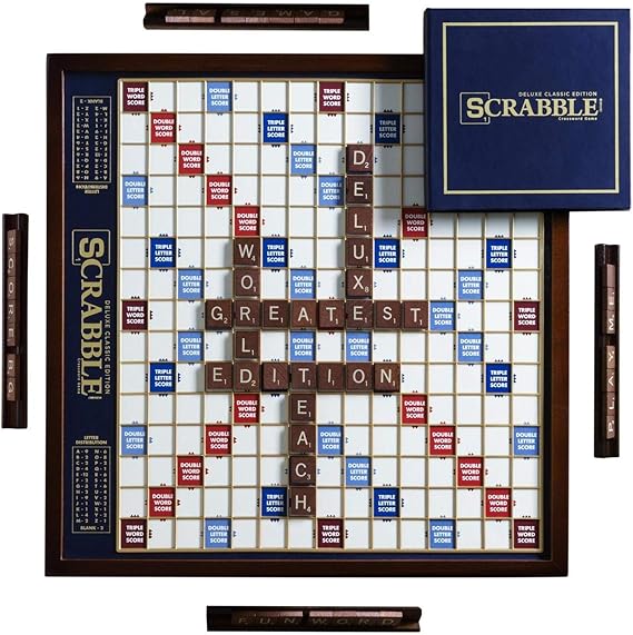 WS Game Company Scrabble Deluxe Edition Board Game Featuring a Rotating Wooden Game Cabinet with Built-in Storage and Raised Letter Tile Grid Board Games for 2-4 Players (Ages 8+)