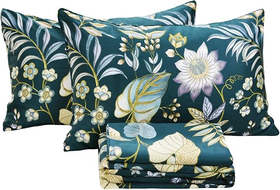 FADFAY Sheets Set Full Teal Elegant Floral Bedding Tropical Plam Leave Sunflower Bedding 800 Thread Count Luxury Summer Set 100% Egyptian Cotton Deep Pocket Bed Sheets Set, 4 Pieces-Full Size