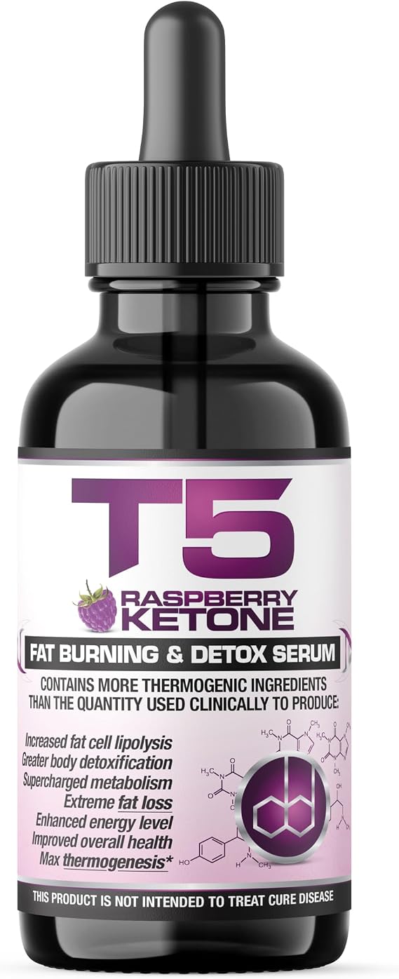 T5 Raspberry Ketone Serum: Powerful Fat Burners & Raspberry Ketones Blend. Fast Acting Weight Loss & Detox Drops (1 Month Supply | Suitable for Vegetarians | UK Manufactured)