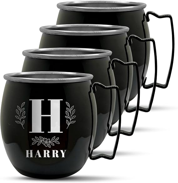 Personalized Custom Smooth Finish Black Moscow Mule Mugs with Bold Leaf Monogram Engraved Bar Style Cup, 16 oz | Set of 4