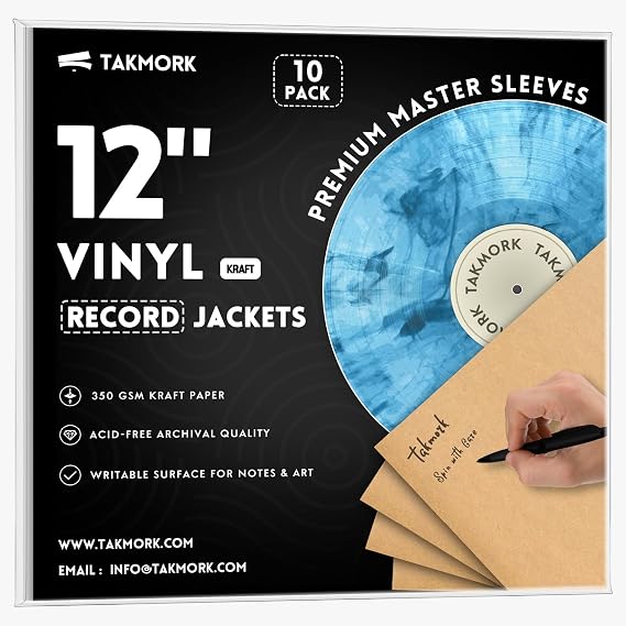 TAKMORK Vinyl Record Jackets, 12" 350gsm Blank, No Hole, Kraft, 10 Pack