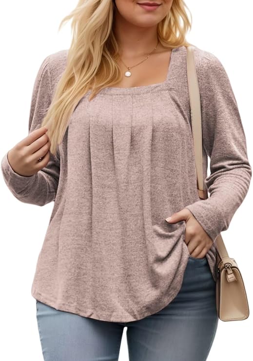 Plus-Size-Tops for Women Casual Long Sleeve Shirts Trendy Pleated Square Neck Tunics Lightweight Loose Fit Sweatshirts