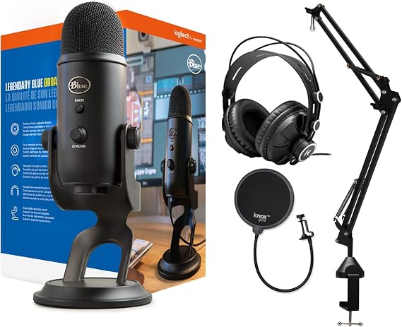 Yeti Blue Microphone Blackout USB Microphone Set Desktop Boom Arm Microphone Stand Closed Back Studio Monitor Headphones Pop Filter 4 Items | Blue YetiブラックアウトUSBマイク、ヘッドフォンジャック、Tx-100クローズドバックヘッドフォン、ブームアーム、ポップフィルターが含まれています。