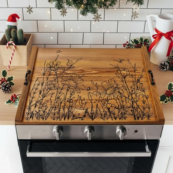 Wooden Noodle Board Stove Top Cover with Handles for Electric Stove 30" x 22" Pine Wooden Stoves Cover for Gas Burners Decorative Tray for Kitchen