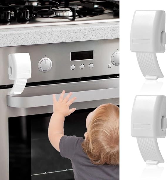 2Pcs Childproof Oven Door Lock, Oven Front Lock Easy to Install and Use Durable and Heat-Resistant Material no Tools Need or Drill (White)
