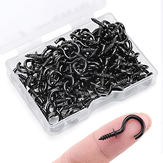 KINGLAKE 100 Pcs 1/2 Inch Small Screw in Hooks, Black Mini Wall Ceiling Hook for Wood, Under Cupboard, Cabinet Shelf, Hanging Keys, Fairy Lamp and Christmas Light