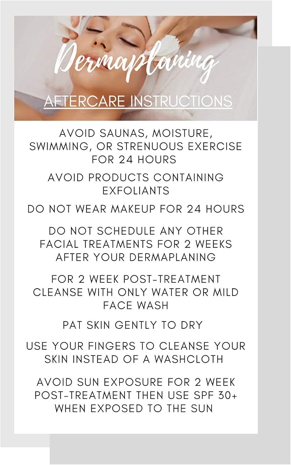 Dermaplaning Aftercare Instruction Cards | 50 Pack | Size 2 x 3.5 inch Business Card Size | Microplaning Blading PMU | Simple White with Photo Design