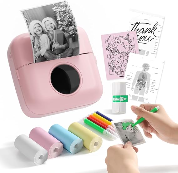 Mini Sticker Printer Notebook Buddy Portable Printer, Small Thermal Printer Inkless Pocket Printer Label Maker Photo Printer DIY Student Gift for iPhone Android Colorful Paper with 5 Pens Pink