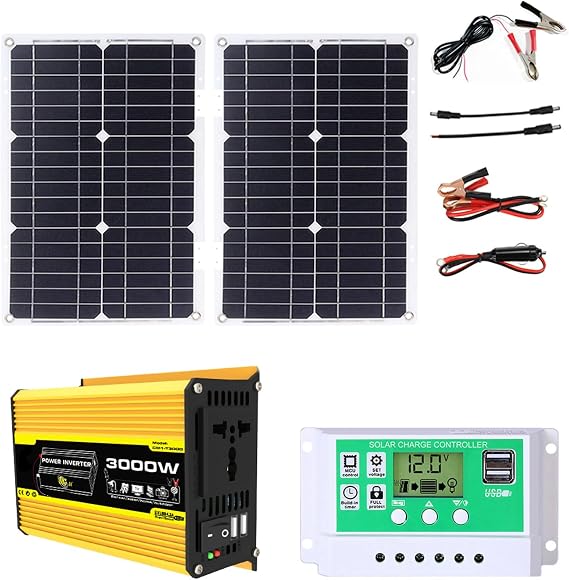 3000W Solar Inverter System Kit with 50W Waterproof Foldable Solar Panel 50 A Solar Charge Controller Complete Power Kit with 2 USB Ports 1 Outlet Home Grid System(Yellow,12v-220v)
