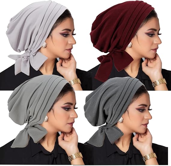 4 Pieces Ramadan Solid Color Turban Hijab Long Tail Head Wraps Muslim Hats Breathable Chemo Cap for Women