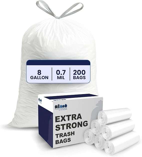 Plasticplace 8 Gallon Trash Bags -White Drawstring Garbage Can Liners - 200 Count - Leak-Resistant and Tear-Proof for Kitchen, Bathroom, Office, and Small Trash Cans 0.7 Mil