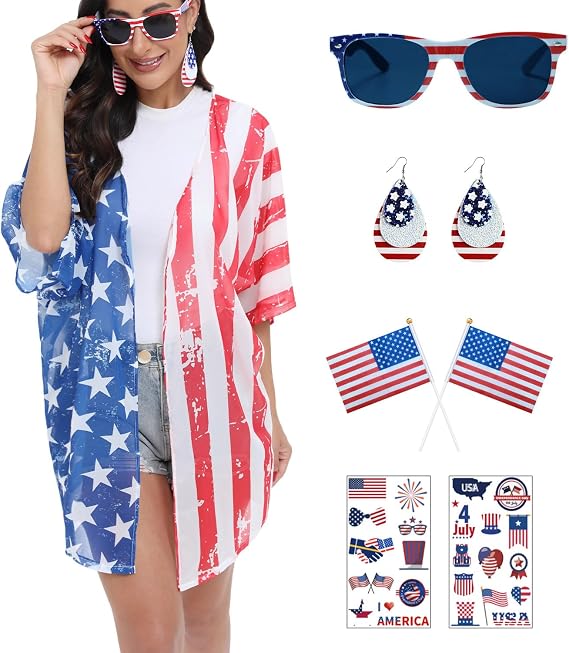 4th of July Outfits for Women Patriotic Kimono Cardigan with 4th of July Accessories | Womens 4th of July Outfit
