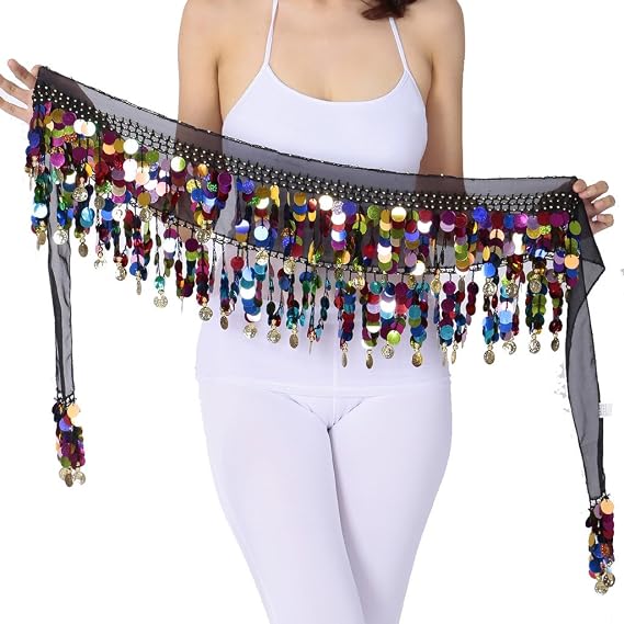 Belly Dance Color Sequin Film Gong Hip Scarf Skirt with Coins | Belly Dancing Hip Scarf with Coins Jingling Sound,Dance Skirt for Dancing Costume,Dance Class,Arabian Nights,Halloween
