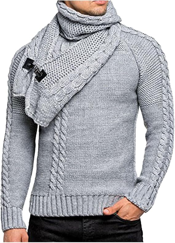 Knitted Sweaters for Mens, Fall Winter Cowl Neck Pullover Horn Button Turtleneck Cardigan Casual Warm Jumper Mens Shirt Men's Shirts Man Tee Tops, Gray, XX-Large, PDFME-210901