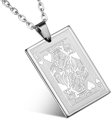 Flongo Mens Punk Rock Stainless Steel The King of Hearts Playing Card Poker Tag Pendant Necklace, 22 inch Chain
