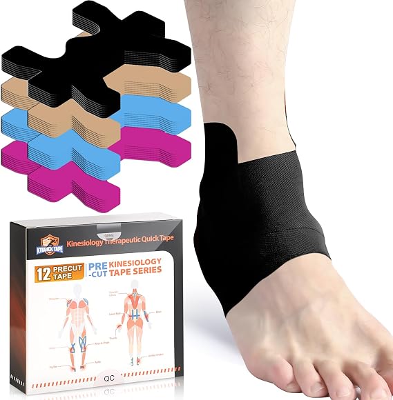 KTQUICK Precut Kinesiology Tape for Ankle,12PCS,20% Stronger Adhesive,Black
