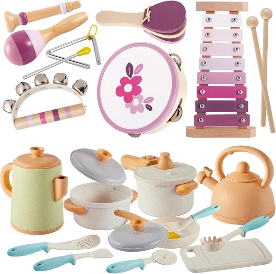 BUYGER Kitchen Pot and Pan Playset Bundle with Toddler Percussion Musical Instruments with Storage Bag, Kitchen Accessories Musical Instruments Toy Gifts Educational Learning Toys Gifts