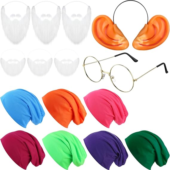 Toulite 15 Pcs Halloween Classic Dwarf Costumes with Dwarf Hats Fake Beard Ears Round Glasses Gnome Costumes for Party