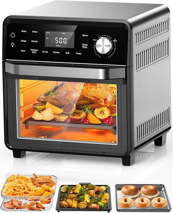 Nuwave Smart Air Fryer Oven with POWERPORTTM Plug-In Grill for Dual-Zone Efficient Cook, 100 in 1 Advanced Convection Toaster Oven Countertop w/Insulated 2-Glass Door, 450F Preheat, Stainless Steel