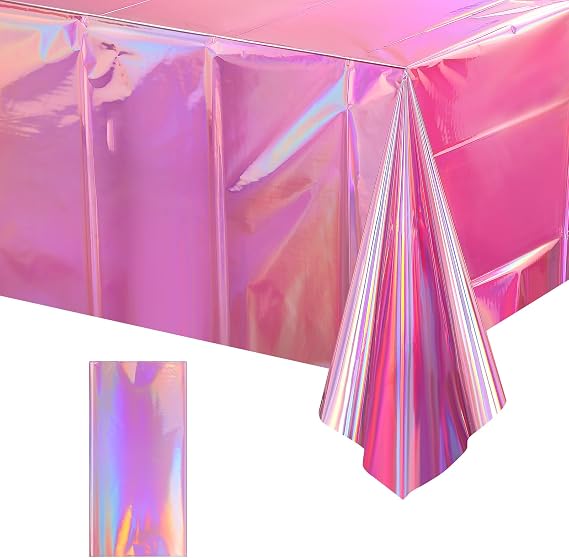 1 Pack Iridescent Pink Plastic Tablecloths, FunnyPars Shiny Disposable Laser Rectangle Table Covers, Holographic Foil Tablecloth Iridescent Party Decorations for Kpop Birthday Wedding Xmas, 54x108Inch