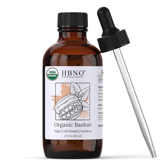 HBNO Organic Baobab Oil - 4 OZ (120 ml) Value Size - Natural Baobab Oil, Cold Pressed - Perfect Carrier Oil for Massage, Aromatherapy, DIY, Soap Making, Face, Body, Lips, Hair, Nails