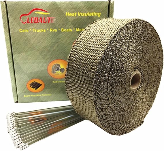 LEDAUT 2" x 50' Titanium Exhaust Heat Wrap Roll for Motorcycle Fiberglass Heat Shield Tape with Stainless Ties