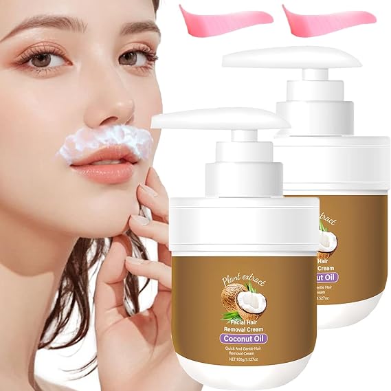 Coconut Oil Facial Hair Removal Cream - Effective Quick Hairs Removers, Body Hair Remover Cream With Coconut Oil Aloe and Peach for Women Men Body Sensitive Skin (2pcs)