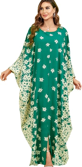 Flygo Muslim Abaya for Women Maxi Long Dresses Dubai Pendant Bat Sleeves Turkey African Caftan Kaftan Daily Casual One Size, Floral Print Green