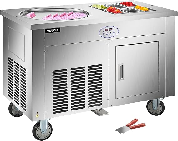 VEVOR Commercial Rolled Ice Cream Machine, 1350W Stir-Fried Yogurt Cream Maker, Ice Cream Roll Machine w/ 19.7-Inch Square Pan, 2 Defrost Methods (Button & Pedal), Perfect for Bars Cafes Dessert Shops