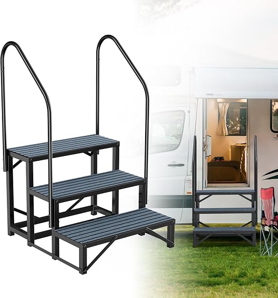 Rv Steps with Handrail 3 Step, Hot Tub Steps with Anti-Slip Mats | Heavy Duty Metal Mobile Home Stairs, Camper Steps for Travel Trailer, Portable Step Ladder for Spa, Pool and Porch